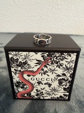 NWT Gucci Interlocking G Gourmette Chain Ring Silver Black Enamel Sz 19 US 8.75
